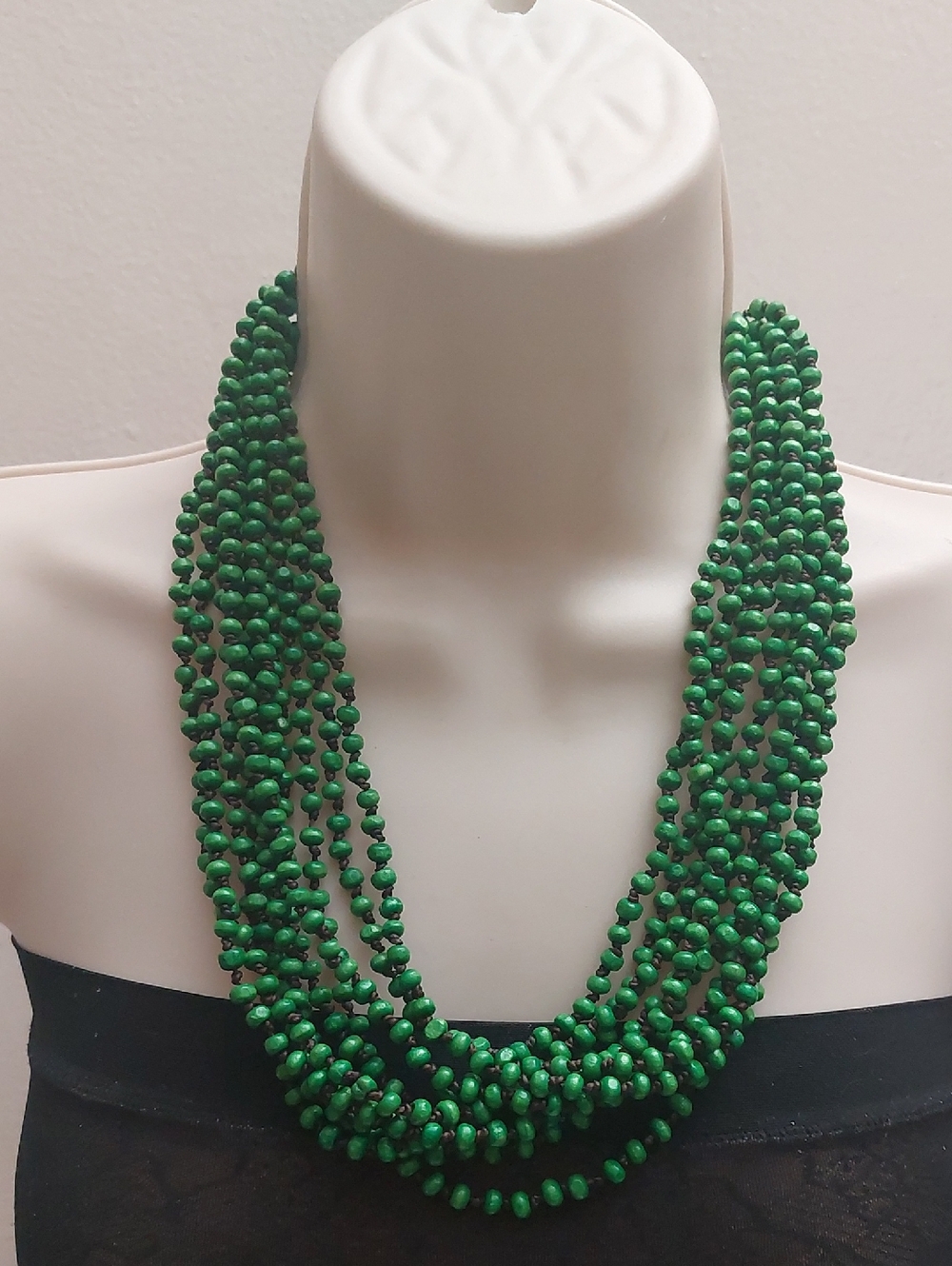 Vintage Artisan Multistrand Green Wood Beads Hand Knotted Manila Rope Necklace